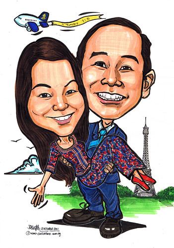 Couple caricatures in SQ uniform @ Eiffel Tower