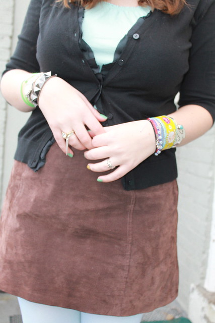 Ice blue outfit: tights, vintage suede mini skirt, dangling spike ring, virgin Mary cuff, silver and turquoise cuff