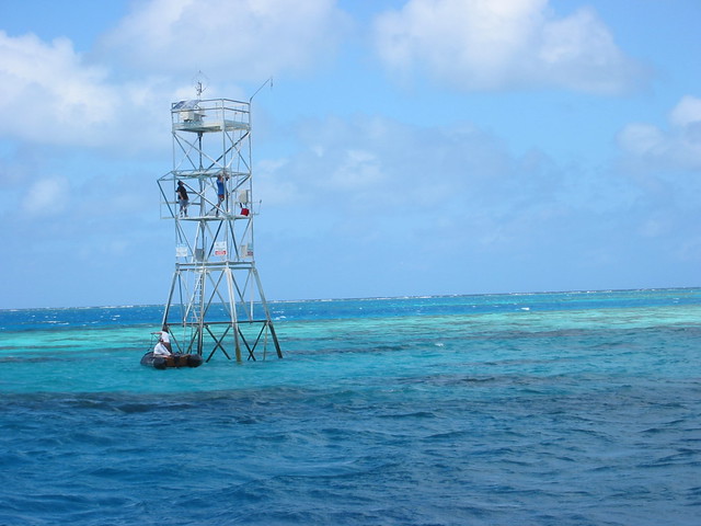 Davies Reef weather station powered by solar panels collects the continuous stream of readings from the reef and sends them back to AIMS
