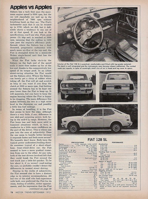 Fiat 128 SL Vs Subaru 1300 GL Road Test 1972 3 