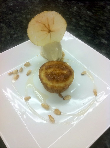 Calvados Baba with Chestnut Ice Cream, Toasted Pine nuts, and Apple Chips