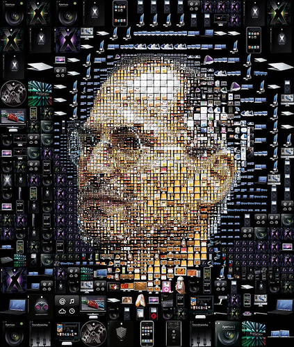 Cara de Steve Jobs con sus productos