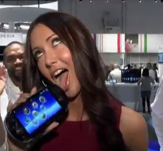 Jessica Chobot licking a Sony Vita at CES