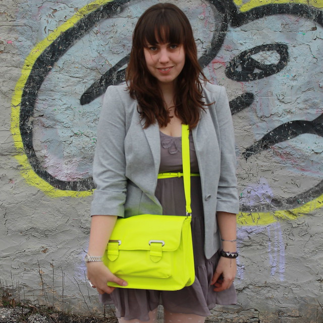 Neon and neutral outfit: Anthropologie dress, heather gray blazer, neon yellow bag and belt