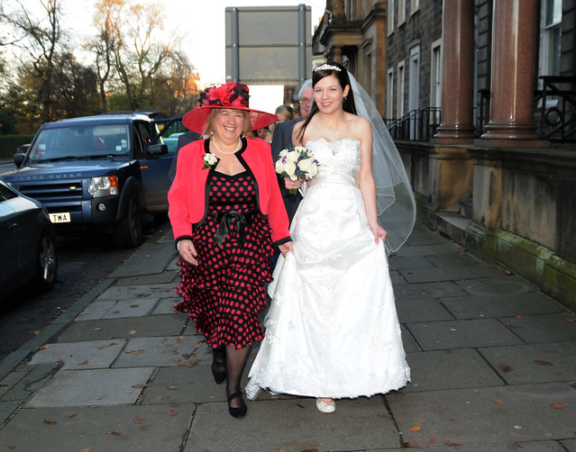 My mum and I (in full bridal getup) walking along Queen Street, Edinburgh