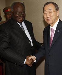 Kenyan President Mwai Kibaki shakes hands with United Nations Secretary-General Ban Ki-moon. The UN head praised Kenyan for its US-backed invasion of Somalia. by Pan-African News Wire File Photos
