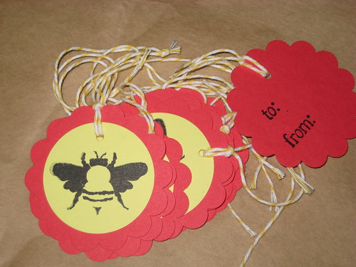 handstamped bee gift tags