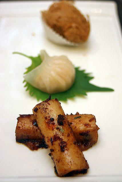 Dim sum (pan-fried rice roll with spicy shrimp paste, steamed shrimp dumpling, deep-fried yam puff