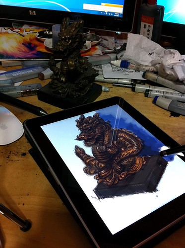 digital live sketching of dragon statue on iPad Sketchbook Pro
