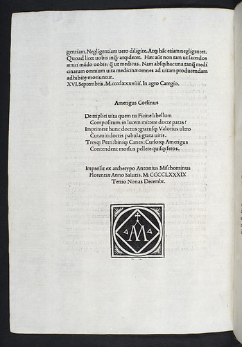 Colophon and printer’s device in Ficinus, Marsilius: De vita libri tres (De triplici vita)