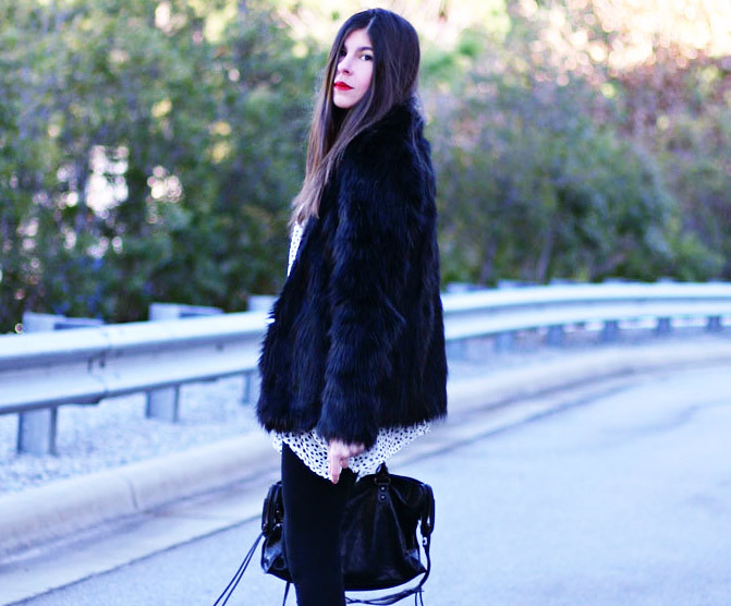 Balenciaga classic city bag, Black Faux Fur Coat, Guess ankle boots, Fashion outfit