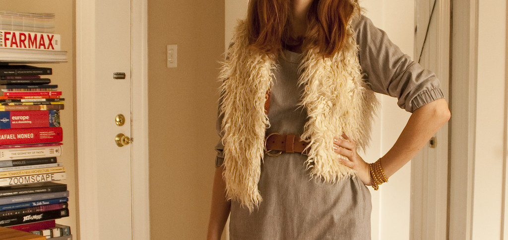 belted furry vest, how to, outfit post, workfit, business casual, what to wear, gray etta dress, oxfords, furry mcfurerson