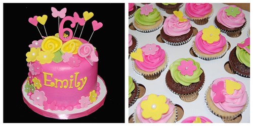 Pink yellow and green 6th birthday cupcake tower