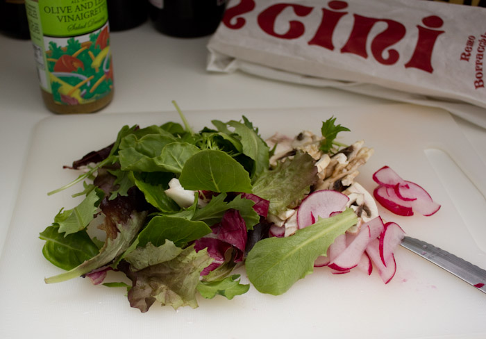 Lettuce, radish, mushroom salad.