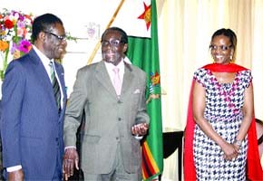 Presidents Mugabe and Nguema of Zimbabwe and Equatorial Guinea along with Mai Grace Mugabe during a state visit to Harare on January 9, 2012. The African states have pledged to strengthen ties. by Pan-African News Wire File Photos