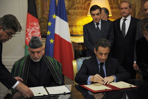 Presidents Sarkozy of France and Karzai of Afghanistan met in Paris where France said they would speed up their withdrawal from Afghanistan by one year. France has suffered casualties on the battlefield in the war. by Pan-African News Wire File Photos
