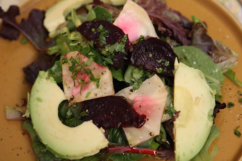 Roasted Celeriac and Beet Salad with Avocado and Baby Greens
