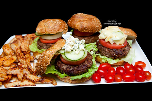 Platter of Pat LaFrieda's Original Blend and Shortrib Blend Burgers with homemade baked spiced fries