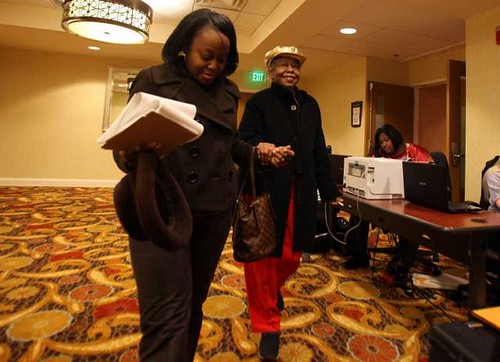 Lettie Jeffery of Detroit, left, helps Rhoda Jeffery-Brewer, a farmer from Clarksdale, Miss., file her claim at the Doubletree Fort Shelby. African American farmers won a $1.2 billion settlement in a decades-long discrimination case. by Pan-African News Wire File Photos