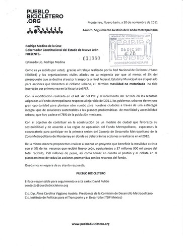 Carta a Rodrigo Medina sobre seguimiento de la gestión del Fondo Metropolitano en ZMM