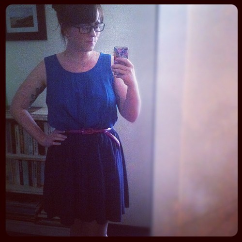 A blue on blue dress with a fuchsia belt #dressember day 18