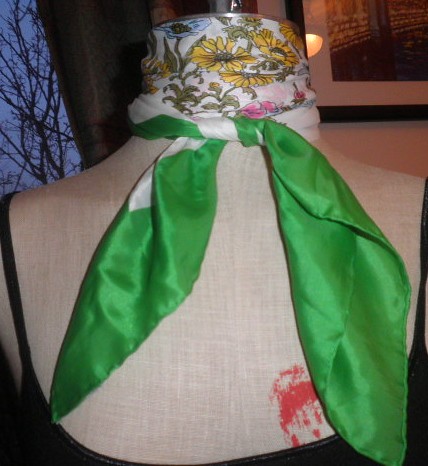 Vintage Scarf 1960s Green Border with Flowers By Burmel Silk Blend by Brick City Vintage