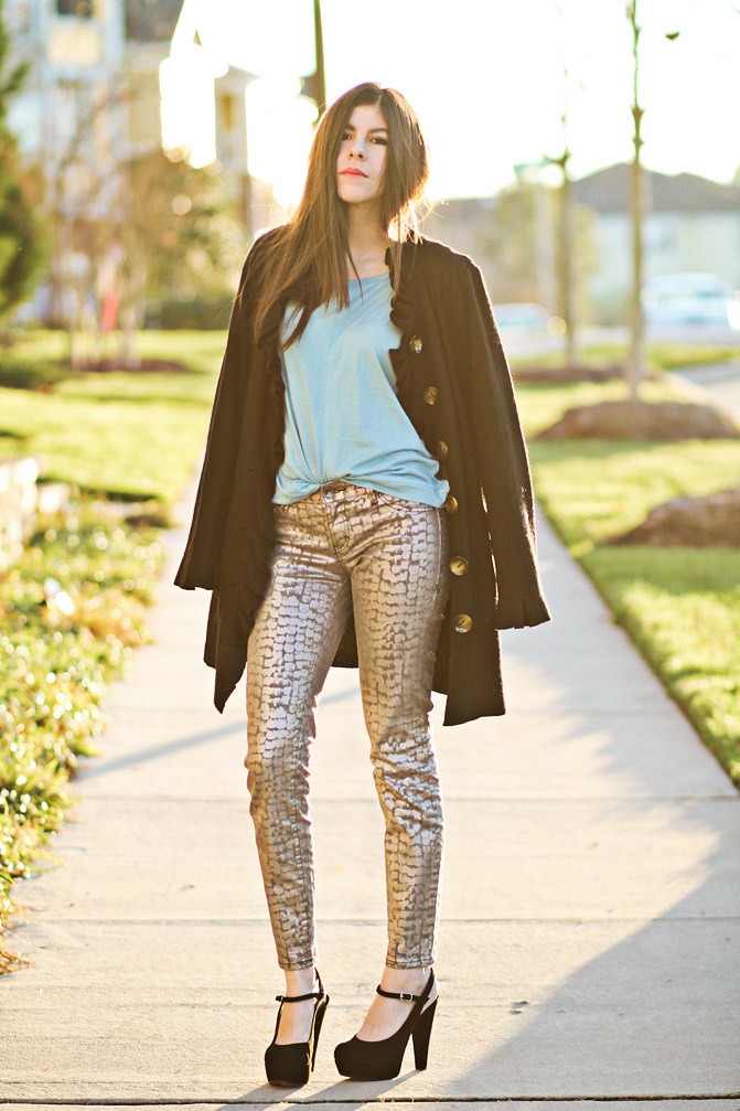 Stylemint Mary Kate and Ashley Olsen, Marni platforms, Alexa Chung, metallic snakeskin jeans, Fashion outfit