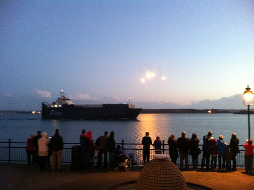 Flares over Spike Island to commemorate the Titanic. by despod
