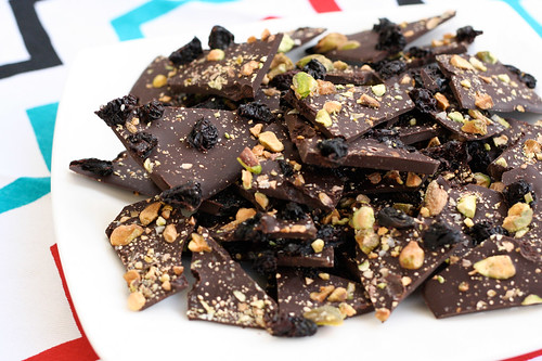 Dark Chocolate Bark with Pistachios, Dried Bing Cherries and Grey Sea Salt (gluten-free and vegan)