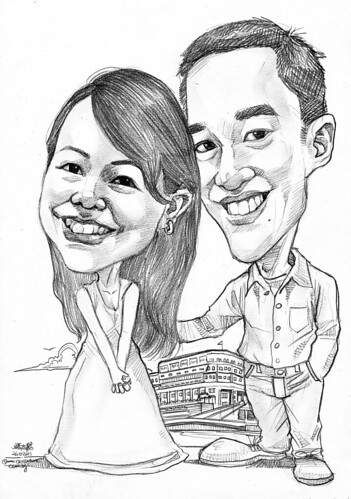 Couple caricatures at Fullerton Hotel