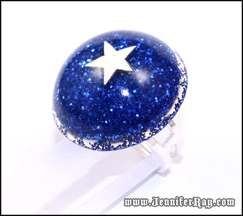 True North Star - Blue Glitter Cocktail Resin Ring by JenniferRay.com