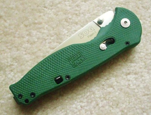 SOG Flash II Folding Knife Assisted 3.5" Satin Combo Blade, Green Zytel Handles
