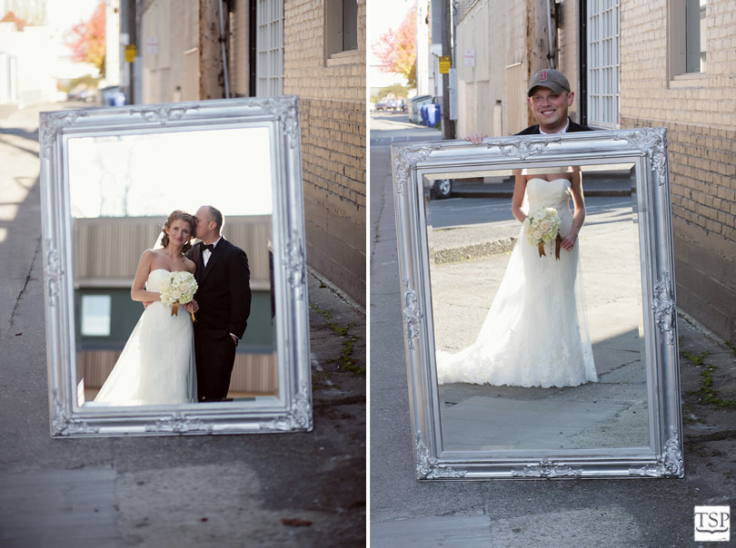 Bride and Groom in Alley with Mirror