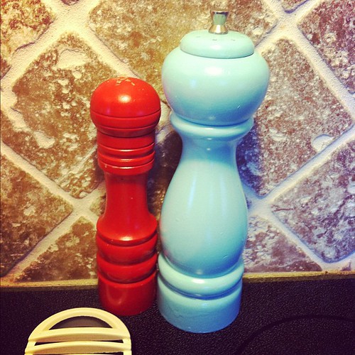My vintage salt shaker and my newly painted pepper mill. I may just go out of my way to look at them today.