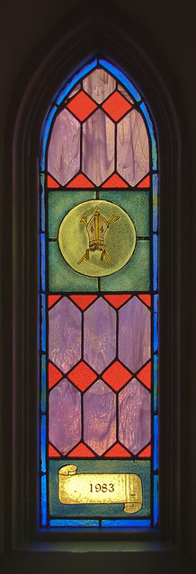 Saint Peter Roman Catholic Church, in Jefferson City, Missouri, USA - stained glass window of bishop's mitre, 1983