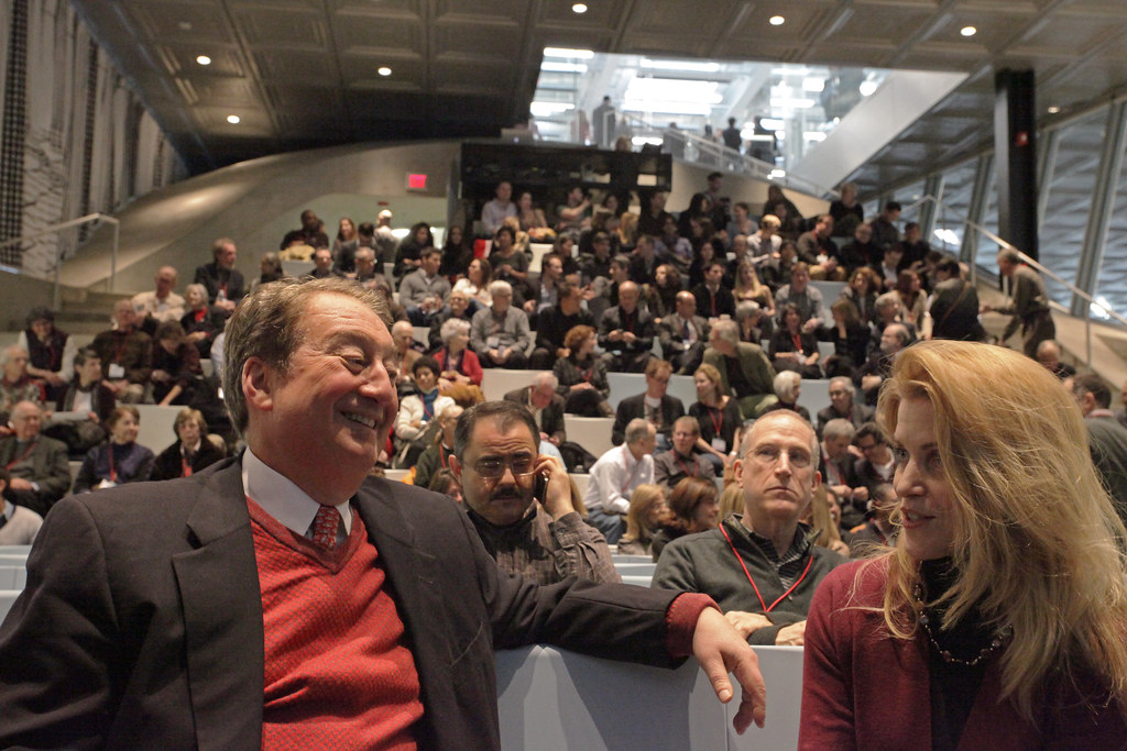 Howard Milstein and guest attend the Rem Koolhaas lecture in the Abby and Howard Milstein  Auditorium.