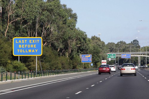 'Last exit before tollway' sign on the Eastern Freeway at Springvale Road