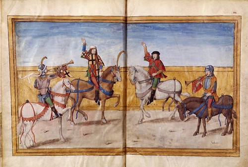 003-Le libre des tournois…1460- René d’ Anjou-Français 2692, fol. 3v-4, Proclamacion de la justa de Bruges (1392)