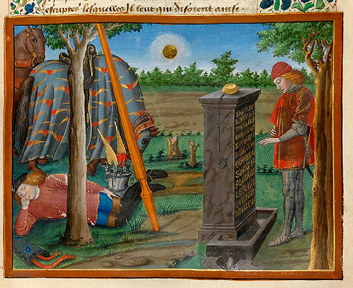 002-Corazon descifra la inscripcion de la Fuente de la Fortuna-fol. 15-Le livre du Coeur d'amour épris, par le roi René d'Anjou-1460-BNF