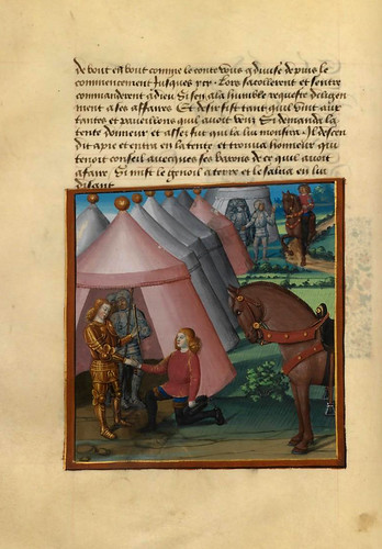 006-Deseo llega al campamento de Honor y le rinde homenaje-Fol. 34 v-Le livre du Coeur d'amour épris, par le roi René d'Anjou-1460-BNF
