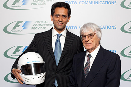 Vinod Kumar, MD and CEO of Tata Communications and Bernie Ecclestone, CEO of Formula One group announced the multi-year technology service and marketing agreement at a London press conference today. Photo from Tata.