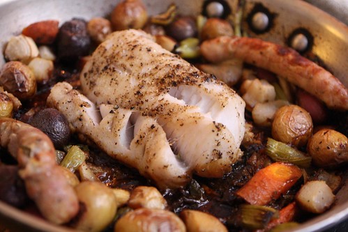 Roast Hake with Turnips, Carrots, Potatoes, and Chicken Sausage