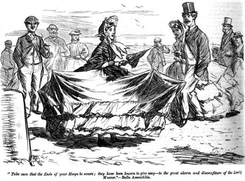 A fashionably dressed woman is shown with her skirt distorted due to the snapping of several of the hoops that supported her crinoline, much to the amusement of men and women looking on.