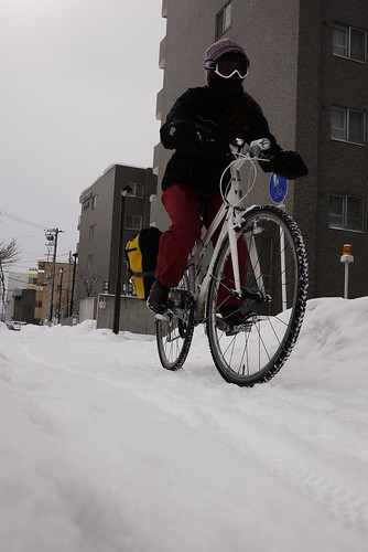 Cycling on snow (Trek 7.5 FX WSD) in Sapporo, Hokkaido, Japan
