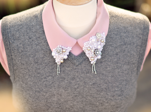 Embellished collar diy - pink and gray