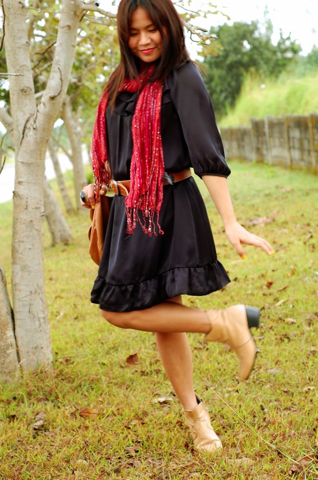 black dress, brown belt, nude booties and red scarf, denise katipunera, pinay filipina fashion blogger