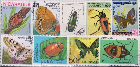 Známky - 25 rôznych, chrobáky a motýle