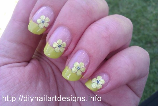 Easy DIY Nail Art Designs: Lime Green French Tip with Flower Decals