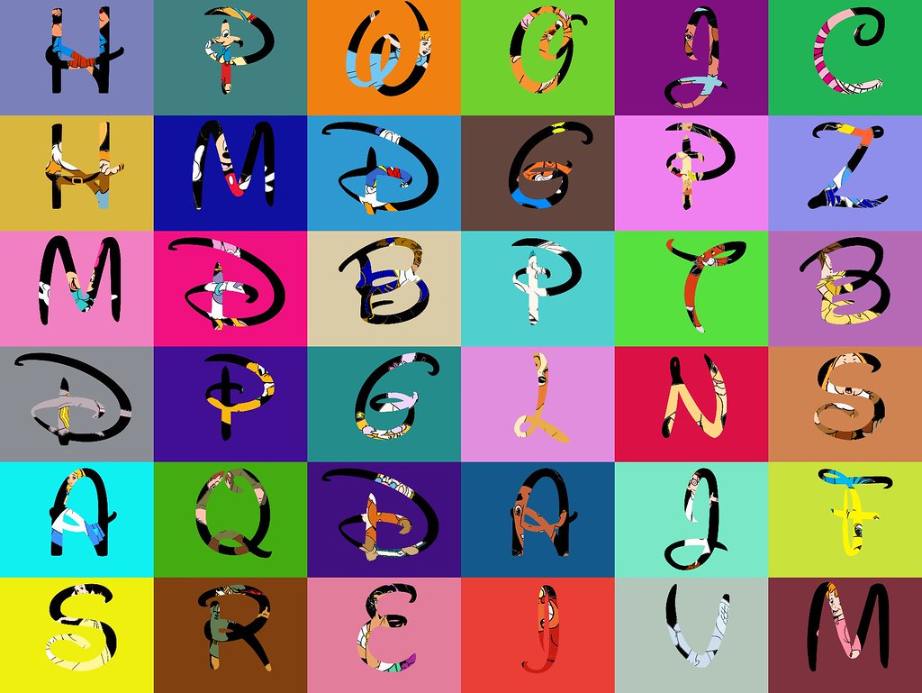 Disney characters behind letters
