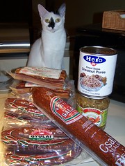 Sausage, salami, pickled veggies, bacon, and our cat posing